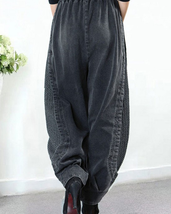 Plus Size Grey Pockets Patchwork Harem Fall Denim Pants
