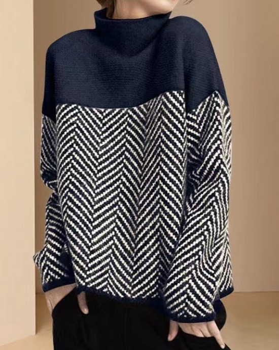 Fashion Khaki Turtle Neck Patchwork Knit Pullover Winter Fashion Khaki Turtle Neck Patchwork Knit Pullover Winter