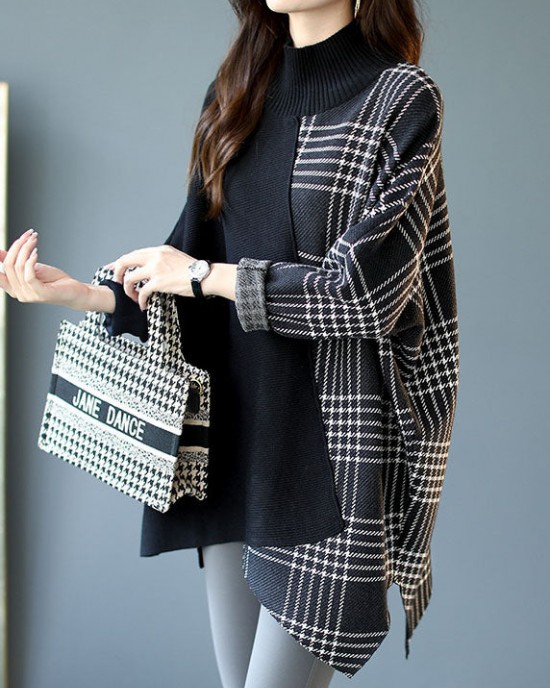 Italian Black asymmetrical design Patchwork Plaid Fall Knit sweaters Italian Black asymmetrical design Patchwork Plaid Fall Knit sweaters