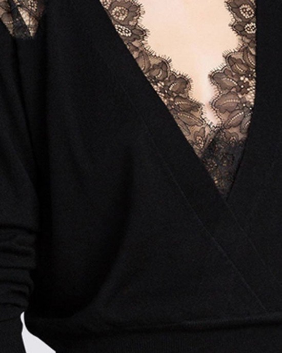Women Black V Neck Lace Patchwork Hollow Out Wool Knitted Tops Winter Women Black V Neck Lace Patchwork Hollow Out Wool Knitted Tops Winter