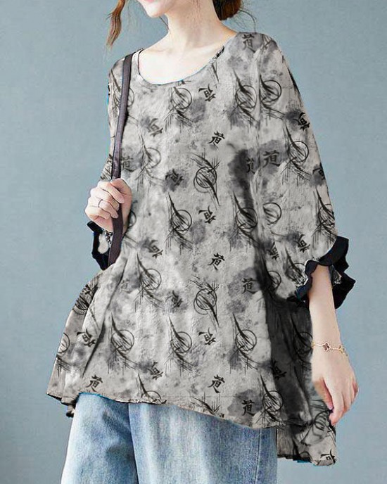 Loose Blue Dotted Batwing Sleeve Cotton Linen Tee Loose Blue Dotted Batwing Sleeve Cotton Linen Tee