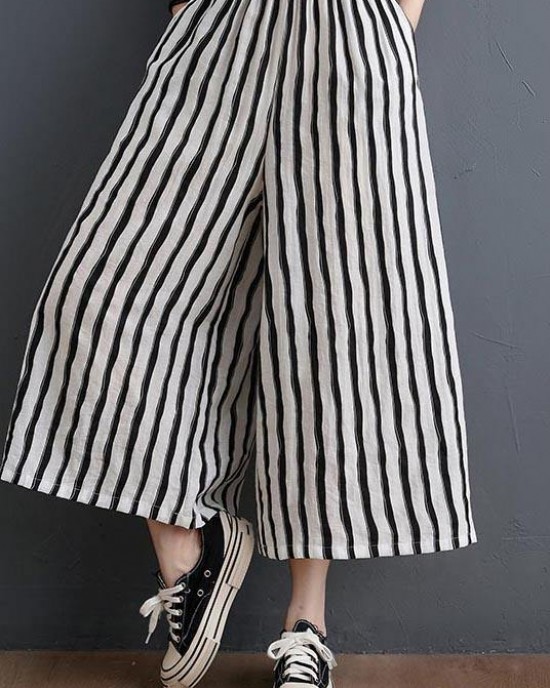Plus Size Black White Striped Wide Leg Pants Summer Cotton Plus Size Black White Striped Wide Leg Pants Summer Cotton
