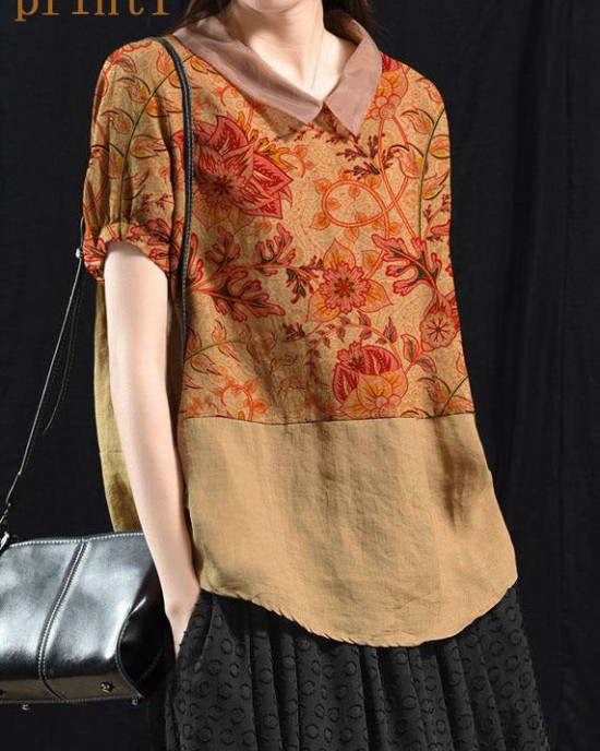 Bohemian Khaki Patchwork Turn-down Collar Summer Short Sleeve Top Bohemian Khaki Patchwork Turn-down Collar Summer Short Sleeve Top