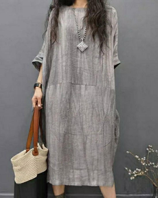 Beautiful Grey O-Neck Wrinkled Side Open Linen Long Dress Batwing Sleeve