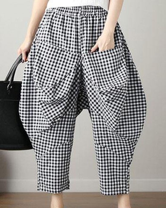 women black plaid casual cotton pants plus size big pockets crop pants women black plaid casual cotton pants plus size big pockets crop pants