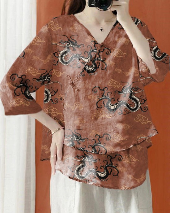 Beautiful Purple Asymmetrical Print cotton blend Blouses Half Sleeve