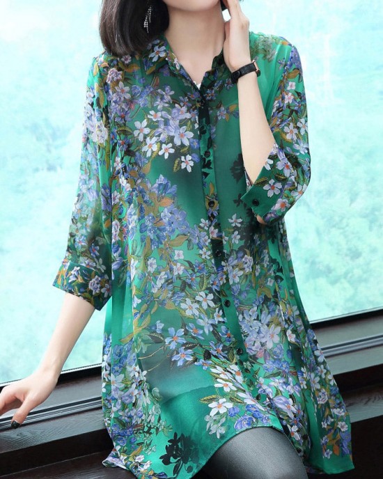 Stylish Peter Pan Collar Button Print Chiffon Shirt Tops Summer Stylish Peter Pan Collar Button Print Chiffon Shirt Tops Summer