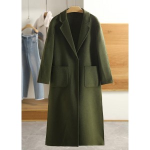 Luxury Army Green Wool Overcoat Casual Notched Pockets Winter Coat