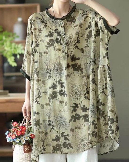 Plus Size-Red Ramie Floral Vintage Women Print Casual Shirt Plus Size-Red Ramie Floral Vintage Women Print Casual Shirt