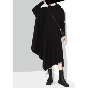 Solid Black Woman Winter Asymmetric Knitted Sweater Dress