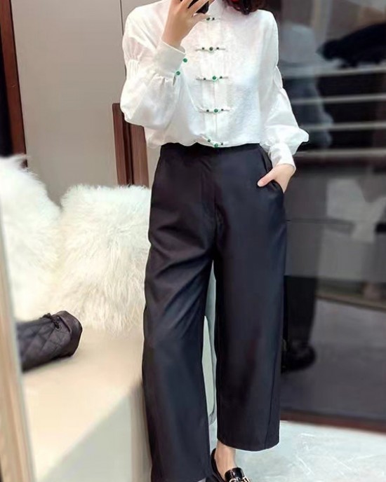 Chinese Style White Stand Collar Button Jacquard Silk Blouse Tops lantern sleeve Chinese Style White Stand Collar Button Jacquard Silk Blouse Tops lantern sleeve