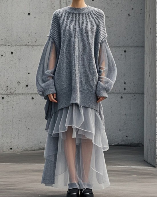 Bohemian Grey Oversized Patchwork Tulle Sweater Dress Fall Bohemian Grey Oversized Patchwork Tulle Sweater Dress Fall