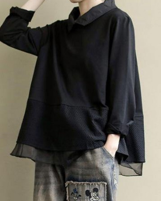 Plus Size Black Tops Lapel Patchwork Clothes Pattern Plus Size Black Tops Lapel Patchwork Clothes Pattern