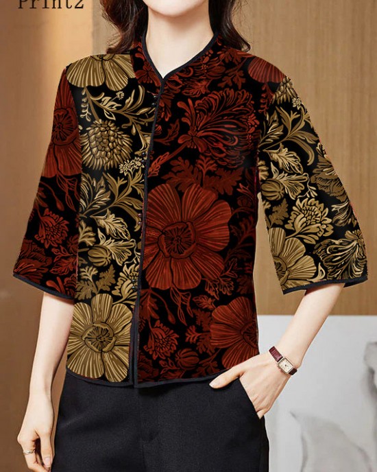 Vintage Red Mandarin Collar Print Silk Shirt Tops Half Sleeve Vintage Red Mandarin Collar Print Silk Shirt Tops Half Sleeve