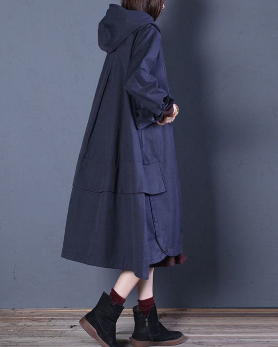 Chic Coffee Loose zippered Button Fall Hoodie Coat trench coats
