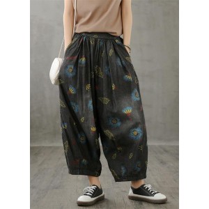 Literary plus size wide-leg pants 2025 autumn new thin yellow printed straight-leg pants