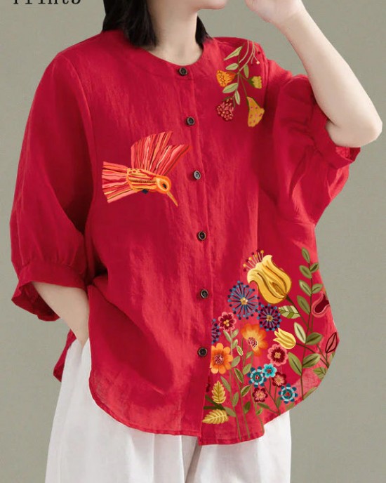 Art Red O-Neck Button Linen Loose Shirt Top Lantern Sleeve