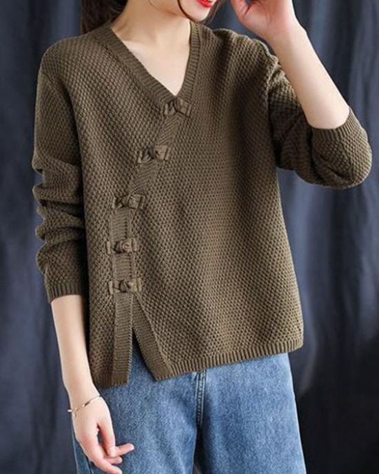 Fitted Red V Neck Button Patchwork Fall Knitted Sweaters Fitted Red V Neck Button Patchwork Fall Knitted Sweaters