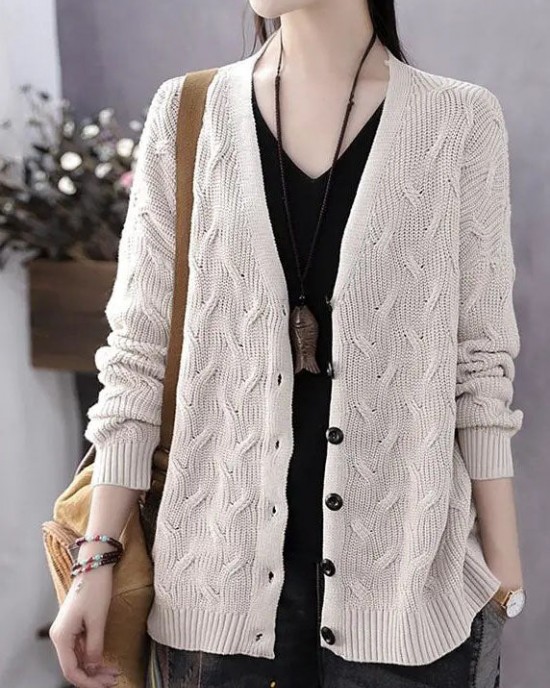 Art Blue V Neck Button Casual Fall Knit Sweater Coat