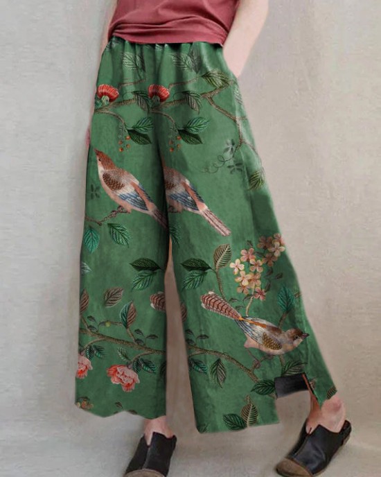 Handmade Khaki Print Dandelion Wide Leg Pants Summer Cotton Linen Handmade Khaki Print Dandelion Wide Leg Pants Summer Cotton Linen