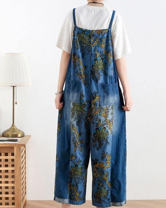 Spring original literary fashion retro ethnic style blue printed loose denim overalls Spring original literary fashion retro ethnic style blue printed loose denim overalls