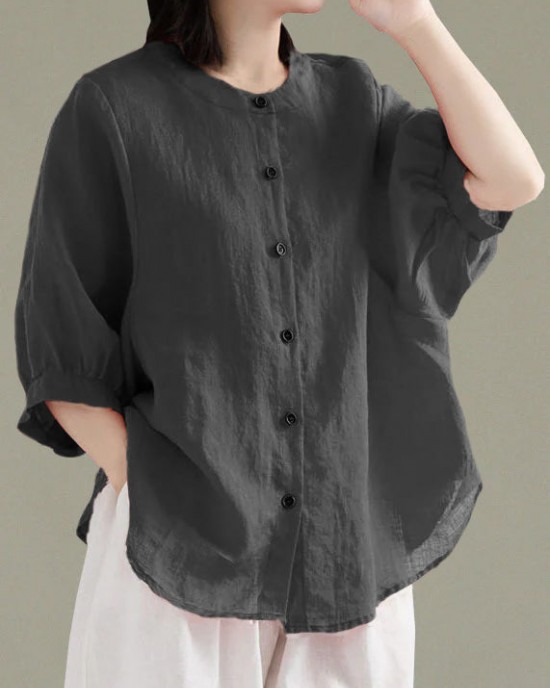 Art Red O-Neck Button Linen Loose Shirt Top Lantern Sleeve