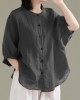 Art Red O-Neck Button Linen Loose Shirt Top Lantern Sleeve
