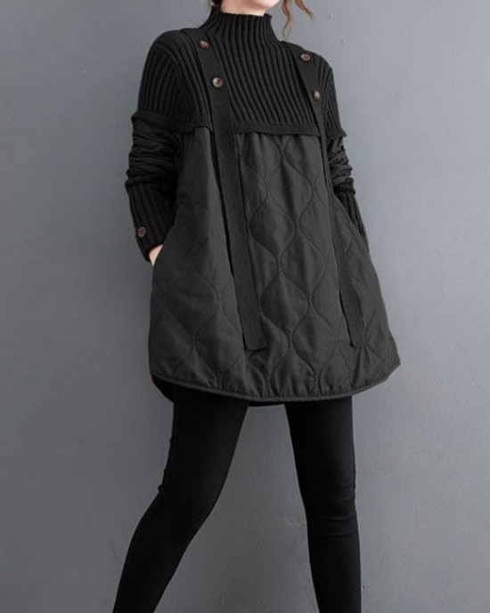Women Black Knit Patchwork Fine Cotton Filled Sweaters Winter Women Black Knit Patchwork Fine Cotton Filled Sweaters Winter