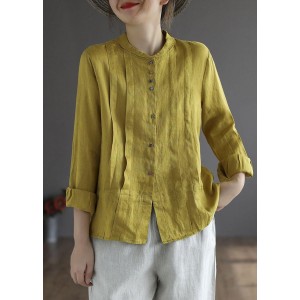 Women Yellow Elegant Button Fall Top Long Sleeve Linen