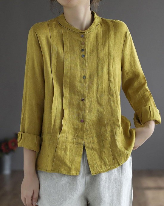 Women Yellow Elegant Button Fall Top Long Sleeve Linen Women Yellow Elegant Button Fall Top Long Sleeve Linen