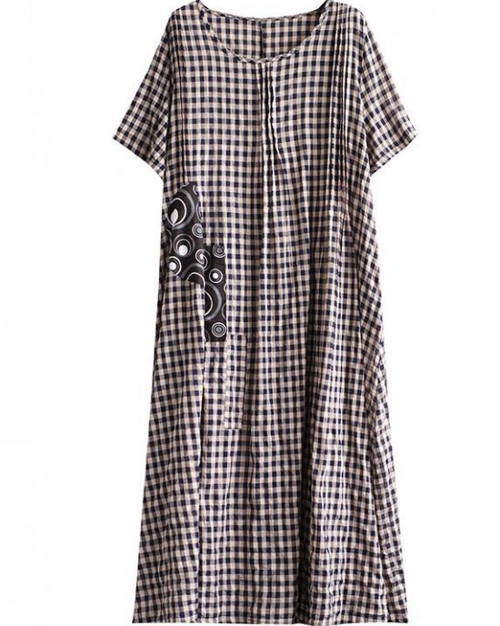 Vivid patchwork linen quilting dresses Runway black plaid Dresses summer Vivid patchwork linen quilting dresses Runway black plaid Dresses summer
