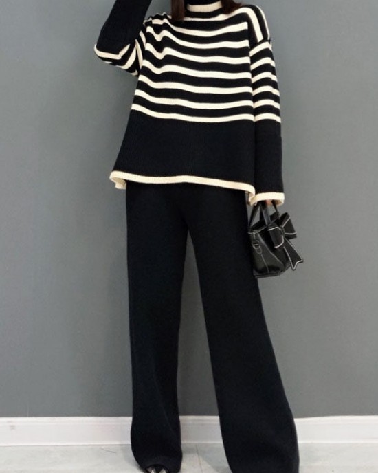 Beautiful Black Turtle Neck Striped Knit Two Piece Suit Set Spring