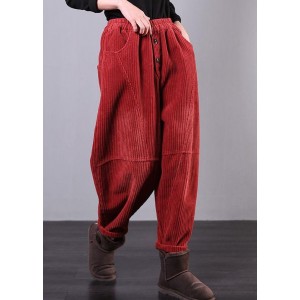 Modern Red Women Pants Oversize Fall Corduroy Pockets Cotton Casual Pants