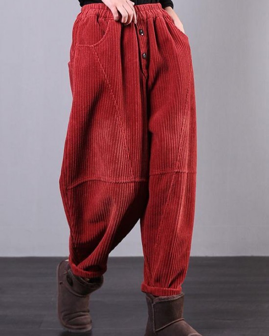 Modern Red Women Pants Oversize Fall Corduroy Pockets Cotton Casual Pants Modern Red Women Pants Oversize Fall Corduroy Pockets Cotton Casual Pants