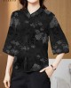 Vintage Red Mandarin Collar Print Silk Shirt Tops Half Sleeve Vintage Red Mandarin Collar Print Silk Shirt Tops Half Sleeve