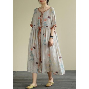 Diy Floral Chiffon Long Shirts O Neck Drawstring Robe Summer Dresses