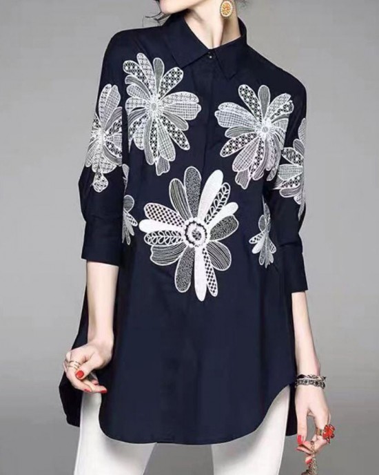 Handmade Blue Peter Pan Collar Embroidered Asymmetrical Design Cotton Long Shirt Half Sleeve Handmade Blue Peter Pan Collar Embroidered Asymmetrical Design Cotton Long Shirt Half Sleeve