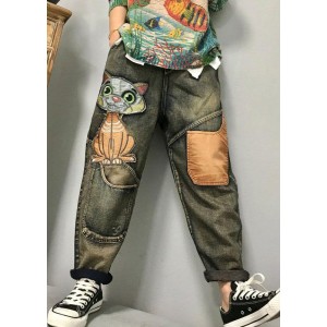 Women Cat Embroidery Patchwork Mid Waist Loose Denim Harem Jeans
