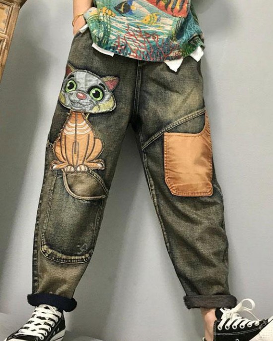 Women Cat Embroidery Patchwork Mid Waist Loose Denim Harem Jeans Women Cat Embroidery Patchwork Mid Waist Loose Denim Harem Jeans