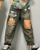 Women Cat Embroidery Patchwork Mid Waist Loose Denim Harem Jeans Women Cat Embroidery Patchwork Mid Waist Loose Denim Harem Jeans