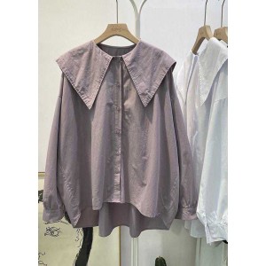Bohemian Purple Pink Peter Pan Collar Button asymmetrical design Fall Long sleeve Top