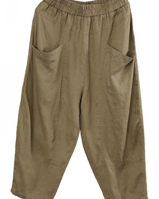 Women Chocolate Elastic Waist Linen Summer Pants Women Chocolate Elastic Waist Linen Summer Pants