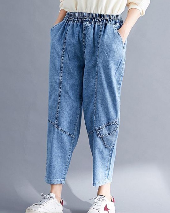 Classy Spring Women Pants Fashion Denim Blue Photography Elastic Waist Patchwork Pant Classy Spring Women Pants Fashion Denim Blue Photography Elastic Waist Patchwork Pant