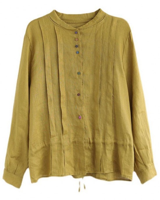 Women Yellow Elegant Button Fall Top Long Sleeve Linen Women Yellow Elegant Button Fall Top Long Sleeve Linen