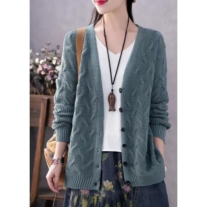 Art Blue V Neck Button Casual Fall Knit Sweater Coat