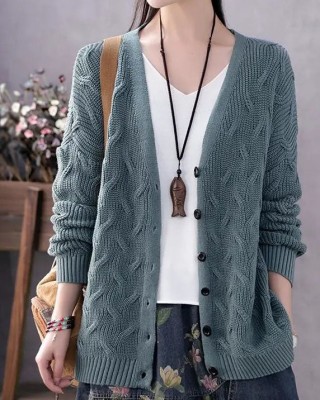 Art Blue V Neck Button Casual Fall Knit Sweater Coat