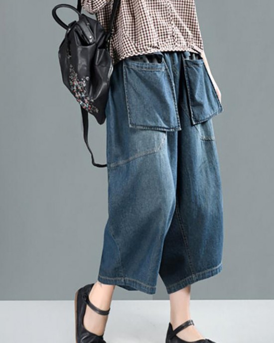 Women Spring Casual Big Pockets Solid Loose Jeans Women Spring Casual Big Pockets Solid Loose Jeans