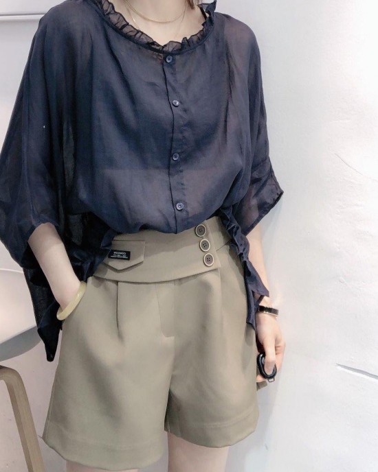 Art Navy Tops Ruffles Trim Half Sleeve Shirts Blouse Plus Size