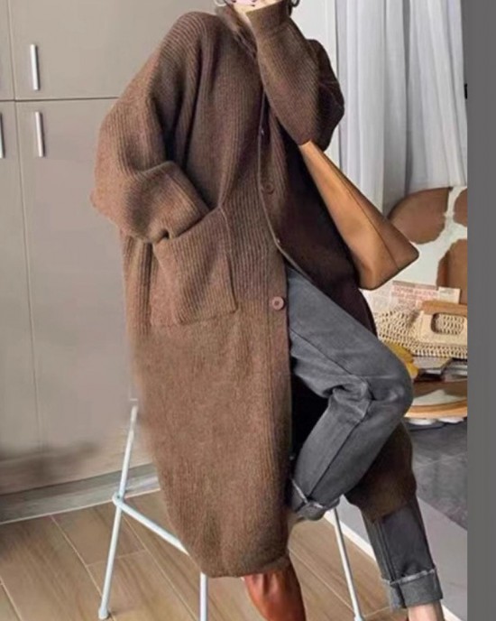 Casua Grey Turtleneck Pockets Button Thick Long Knit Sweater Fall Casua Grey Turtleneck Pockets Button Thick Long Knit Sweater Fall