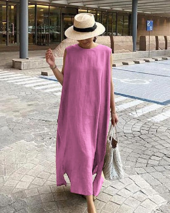Bohemian O Neck Side Open Linen Cotton Clothes Fabrics Khaki Dress Bohemian O Neck Side Open Linen Cotton Clothes Fabrics Khaki Dress